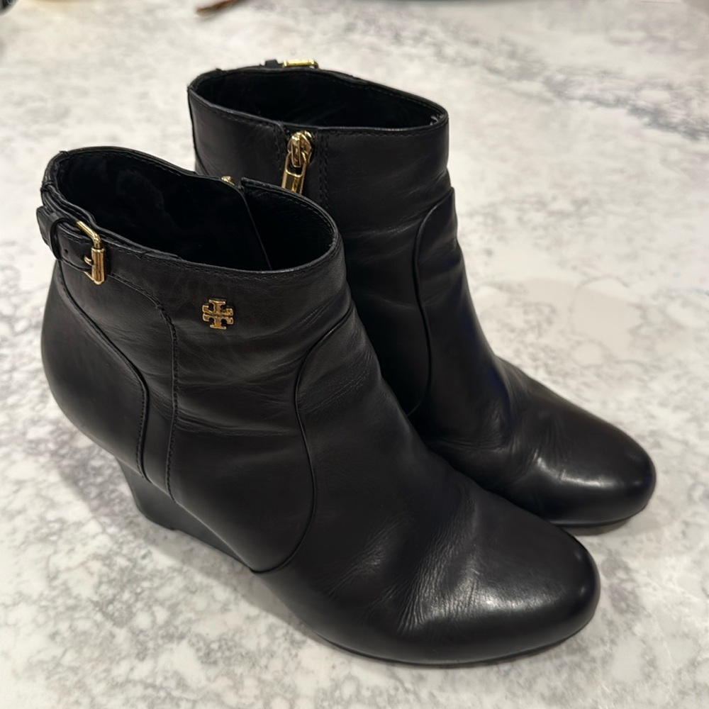 Black Tory Burch. wedge booties